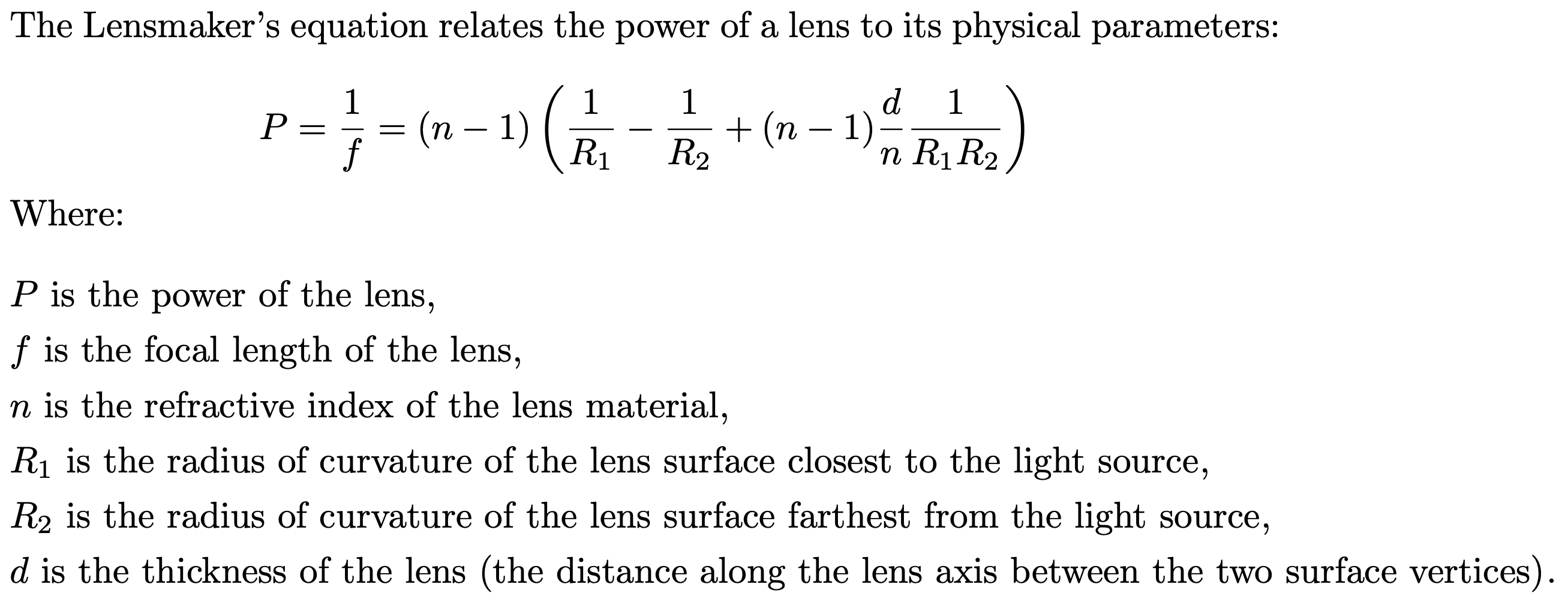 The lensmaker’s equation and its variable definitions, as illustrated in the original article